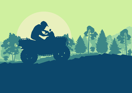 Green Illustration of All terrain vehicle driver landscape with trees outdoor activity vector background.のイラスト素材