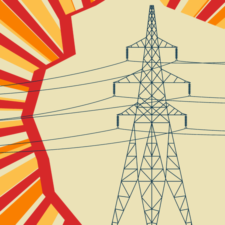 Energy distribution high voltage power line tower with electromagnetic field abstract burst vector backgroundのイラスト素材