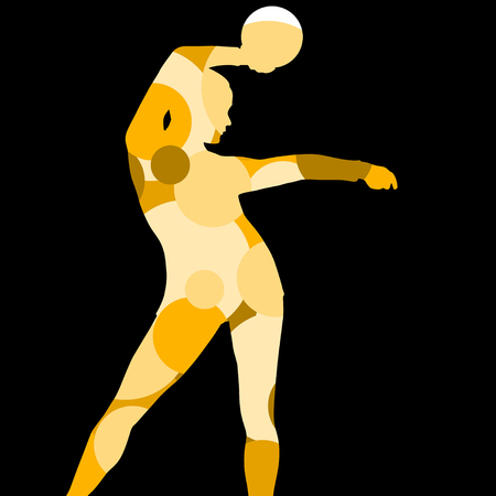 Gymnast woman silhouette with ball abstract detailed mosaic background illustration vector on neon yellow background.のイラスト素材