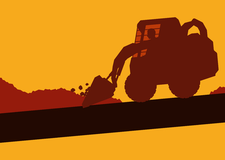 Cute illustration of an excavator with worker inside cabin working in construction site vector backgroundのイラスト素材