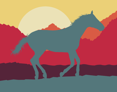Horse wild mountain landscape with sunset vector backgroundのイラスト素材