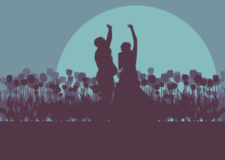 Cool illustration of a wedding couple romantic landscape with bride and groom in tulip field sunset vector backgroundのイラスト素材
