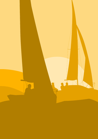 Illustration of a dynamic yellow Yachts sailing regatta ocean landscape with sunset vectorのイラスト素材
