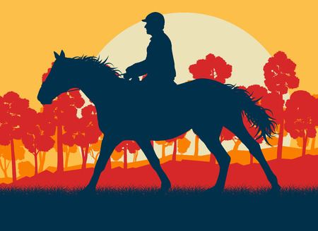 Illustration of a dynamic horse rider and forest trees landscape with sunset vector backgroundのイラスト素材