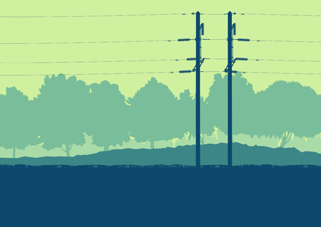 Illustration of a decorative energy distribution high voltage power line tower sunset landscape with wires and trees vector backgroundのイラスト素材