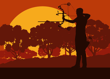 Motion concept of a man with bow outdoor training in front of forest trees vector background sunsetのイラスト素材