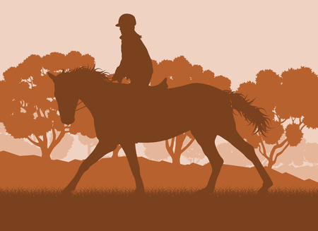 Motion concept of a brown rider and forest trees landscape with sunset vector backgroundのイラスト素材