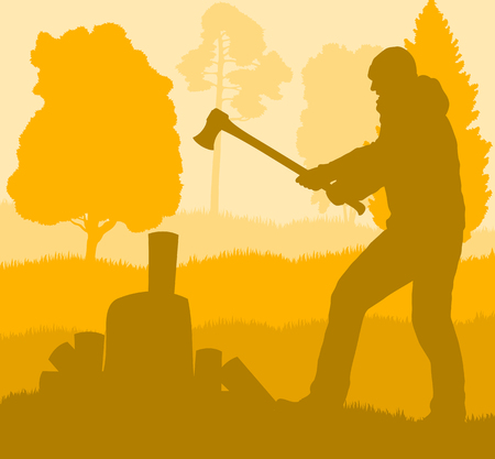 Logger with axe cut firewood vector background landscape with treesのイラスト素材