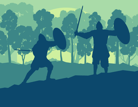 Warrior medieval fighter duel forest trees landscape vector backgroundのイラスト素材
