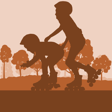 Kid inline skating in park vector background landscape with treesのイラスト素材