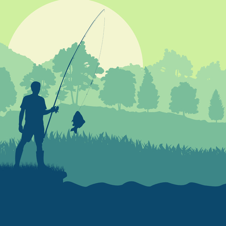 Fisherman near pond and trees vector landscape background with sunsetのイラスト素材