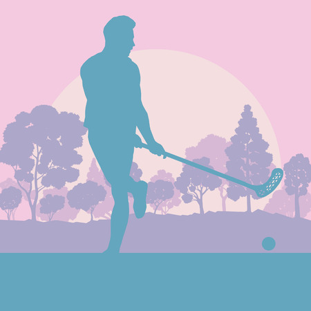 Floorball player in park with hockey stick and ball in sunset and in front of trees vector backgroundのイラスト素材