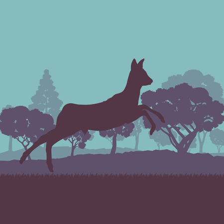 Roe deer in forest field with sunset and trees vector backgroundのイラスト素材