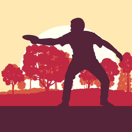 Flying disc throw game man playing in park with trees vector backgroundのイラスト素材