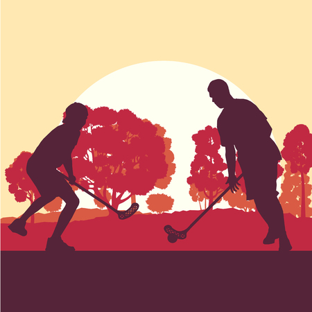 Floorball player in park with hockey stick and ball in sunset and in front of trees vector backgroundのイラスト素材