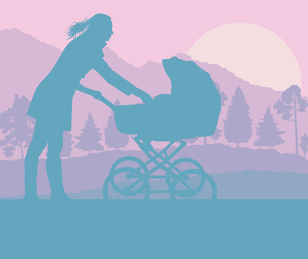 Mother with baby cart in park walking vector backgroundのイラスト素材
