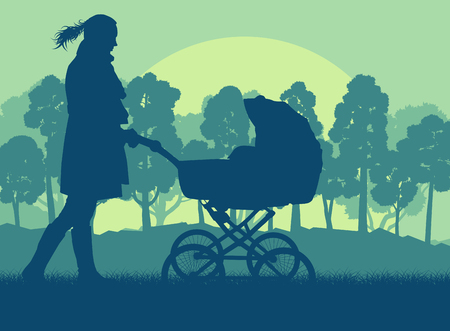Mother with baby cart in park walking vector backgroundのイラスト素材