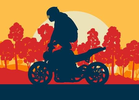 Motorcycle stunt driver vector background with trees and sunsetのイラスト素材