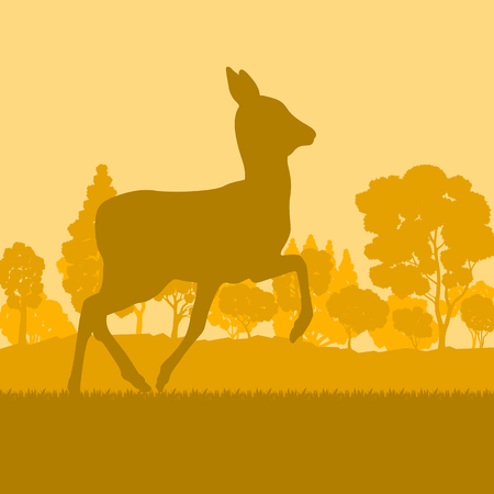 Roe deer in forest field with sunset and trees vector backgroundのイラスト素材