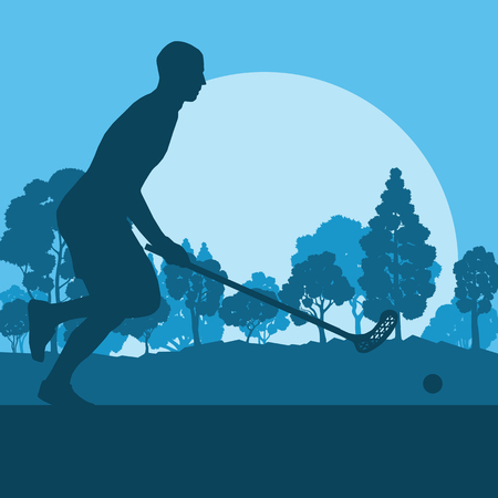 Floorball player in park with hockey stick and ball in sunset and in front of trees vector backgroundのイラスト素材