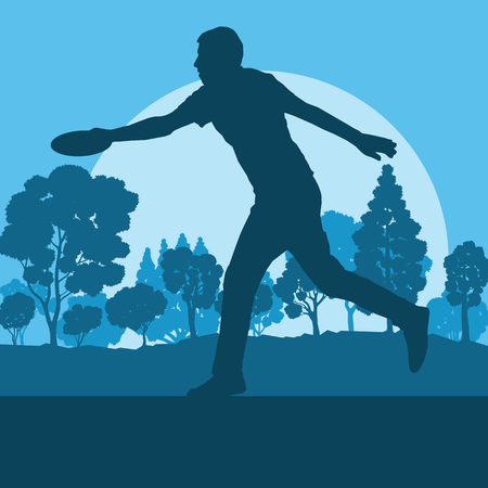 Flying disc throw game man playing in park with trees vector backgroundのイラスト素材