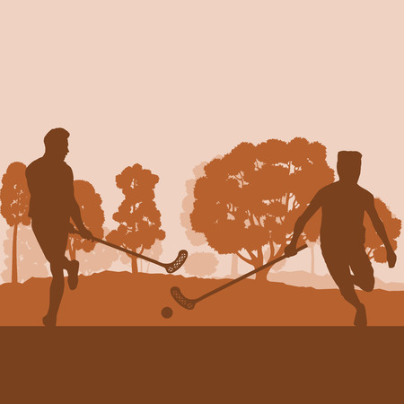 Floorball player in park with hockey stick and ball in sunset and in front of trees vector backgroundのイラスト素材