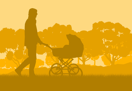 Father with baby cart in park walking vector backgroundのイラスト素材