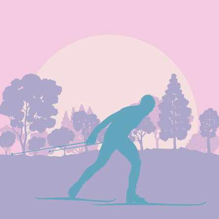 Skiing man in forest vector background landscape with sunsetのイラスト素材