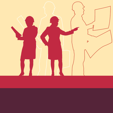 Architect man and woman designer with protective helmet and blueprints in hands vector abstract backgroundのイラスト素材