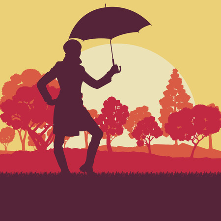 Woman with umbrella and coat autumn tree sunset landscape vector backgroundのイラスト素材