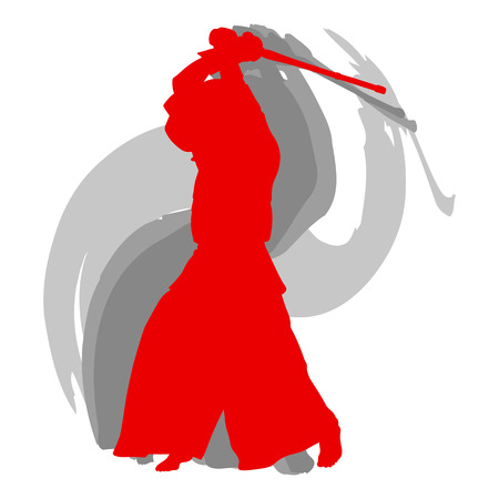 Kendo fighter red silhouette with shinai isolated on white background abstract conceptのイラスト素材