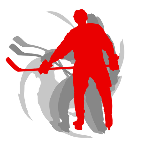 Hockey player in motion concept in red isolated on white vector backgroundのイラスト素材