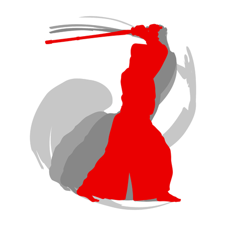 Kendo fighter red silhouette with shinai isolated on white background abstract conceptのイラスト素材