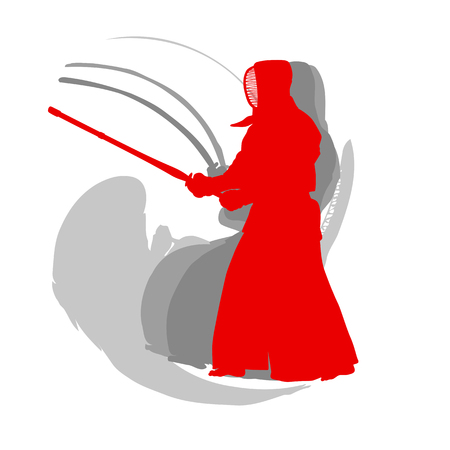 Kendo fighter red silhouette with shinai isolated on white background abstract conceptのイラスト素材