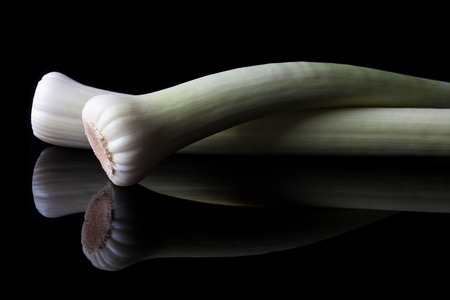 Two green leeks on black background from sideの写真素材