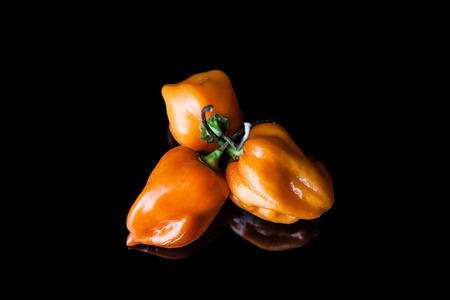 Three yellow hot habanero peppers on black background with reflectionの写真素材