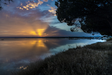 Blue yellow pink orange and purple aqua Carnon-Plage Montpellier sunset above water southern France from shore with tree and grassの写真素材