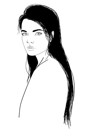 Pretty girl with the long hair, portrait isolated on white background, realistic style fashion vector illustration. Hand drawn vector. Fashion illustration for newspaper and magazines.のイラスト素材