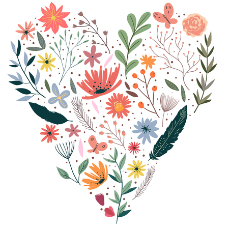 Wreath illustration made of flowers and herbs. Vector decorative frame and leaf. Spring elements. Floral doodles wreath.のイラスト素材