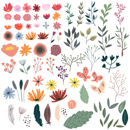 Set of floral elements. Wreath illustration made of flowers and herbs. Vector decorative frame and leaf. Spring elements. Floral doodles wreath.のイラスト素材