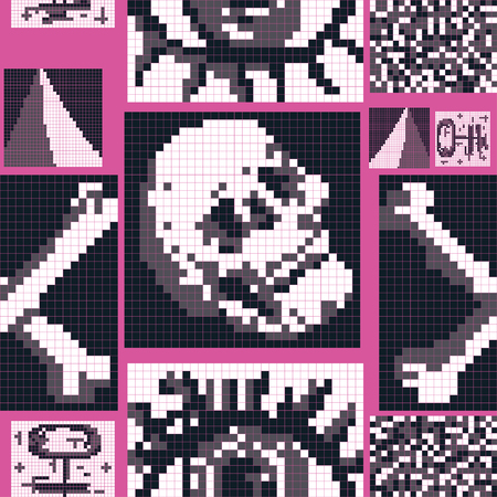 Seamless pattern of pixelated eye, bones and skull. Vector illustration great for patterns, vintage design, and wallpaper.のイラスト素材