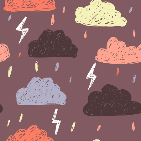 Cute hand drawn clouds and lightning seamless pattern.のイラスト素材