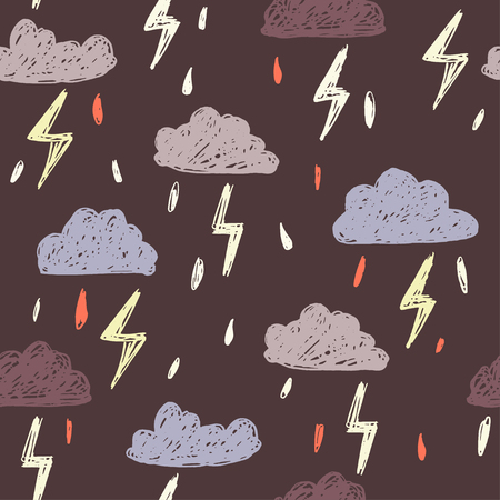 Cute hand drawn clouds and lightning seamless pattern.のイラスト素材