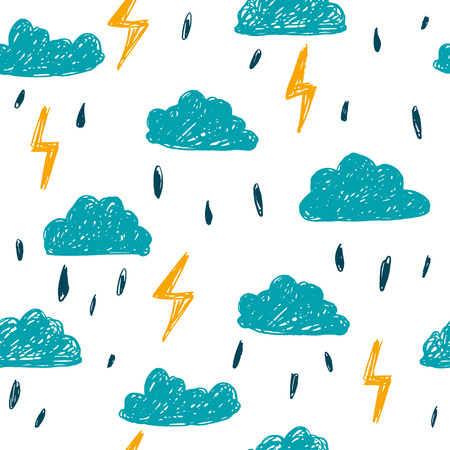 Cute hand drawn clouds and lightning seamless pattern.のイラスト素材