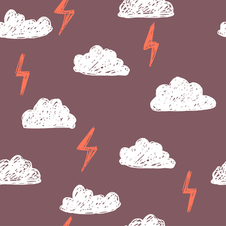 Cute hand drawn clouds and lightning seamless pattern.のイラスト素材