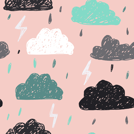 Cute hand drawn clouds and thunder seamless pattern.のイラスト素材