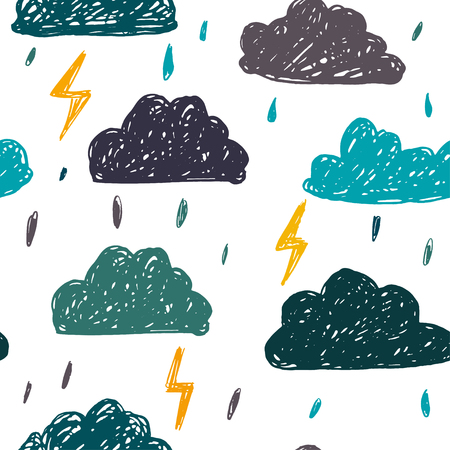 Cute hand drawn clouds and lightning seamless pattern.のイラスト素材