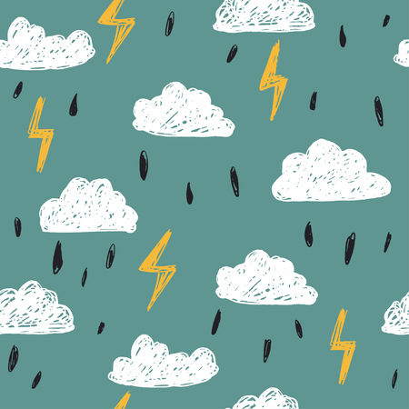 Cute hand drawn clouds and lightning seamless pattern.のイラスト素材
