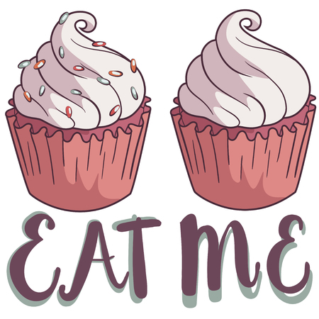 Hand drawing cupcake with the lable: eat me, vector illustration isolated on white background.のイラスト素材