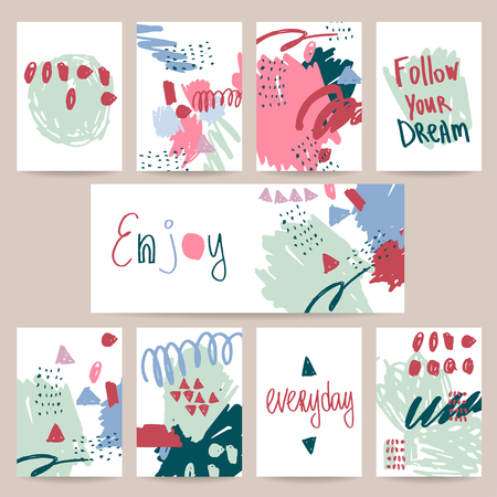 Set of cute creative cards.. Hand Drawn textures. Vector design templates for greeting gift cards, flyers, posters, banners, patterns, art decoration etc.のイラスト素材